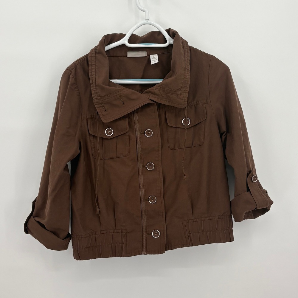 Chicos Brown Utility Jacket Size‎ 0 Button Front 3/4 Sleeve Cotton Blend